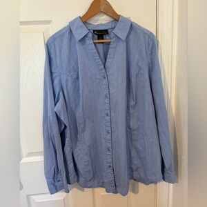 Lane Bryant Shirt Blue Herringbone Sz 26 Button Front Stretch 3/4 Sleeve V-Neck